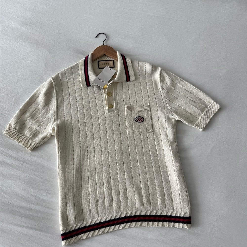 GUCCI Men’s Cream Polo Shirt with Red Trim | Large | Mint Condition